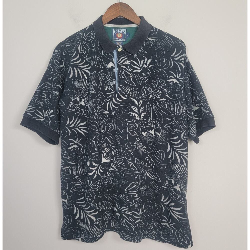 Vintage Chaps Ralph Lauren Polo Shirt Mens L Tropical Leaf Black